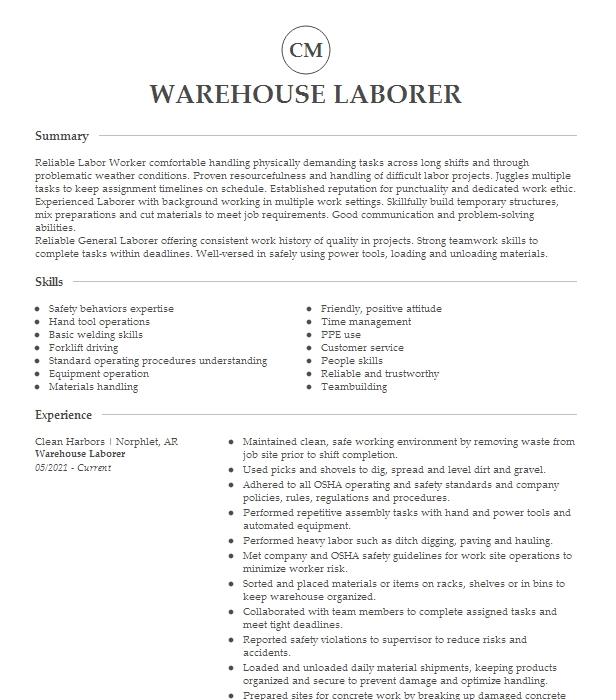 Warehouse Laborer Resume Example