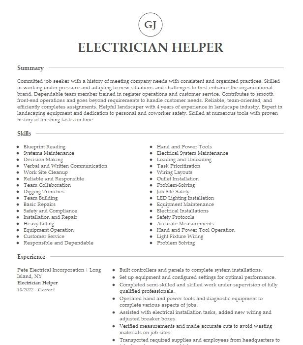 Electrician Helper Resume Example