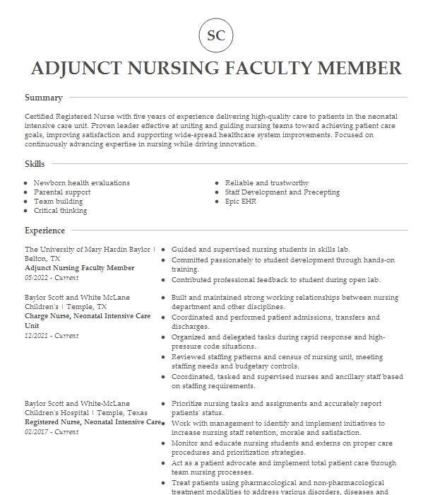 Residency Coordinator Adjunct Nursing Faculty Resume Example