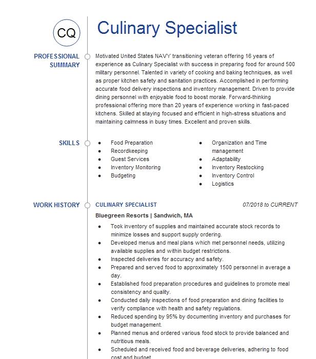 Culinary Specialist Resume Example