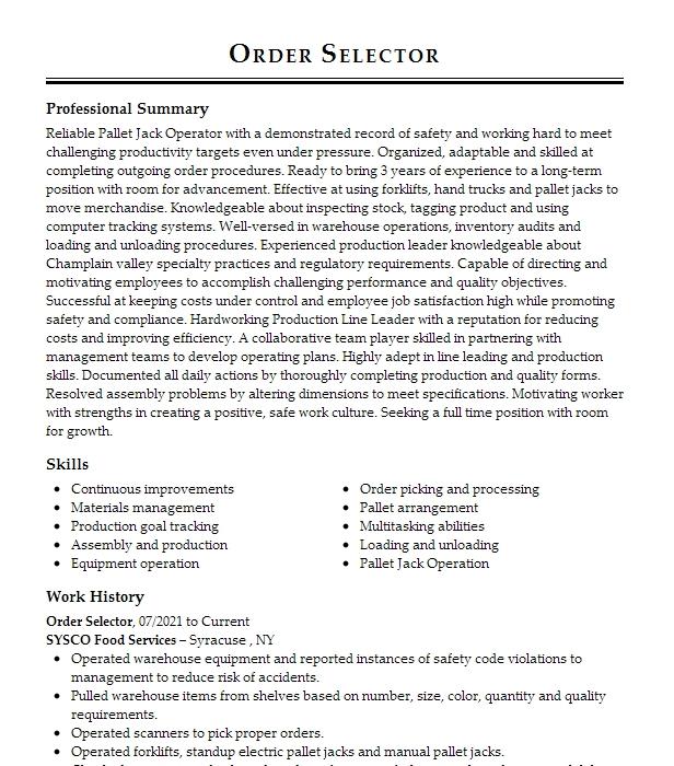 Warehouse Order Selector Resume Example