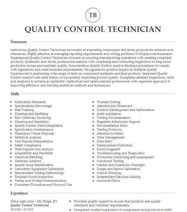 Quality Control Technician Resume Example