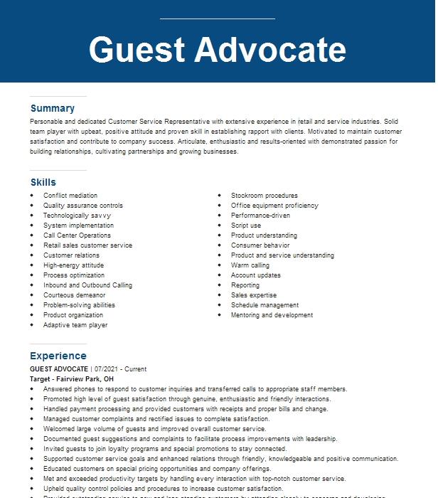 Guest Advocate Resume Example