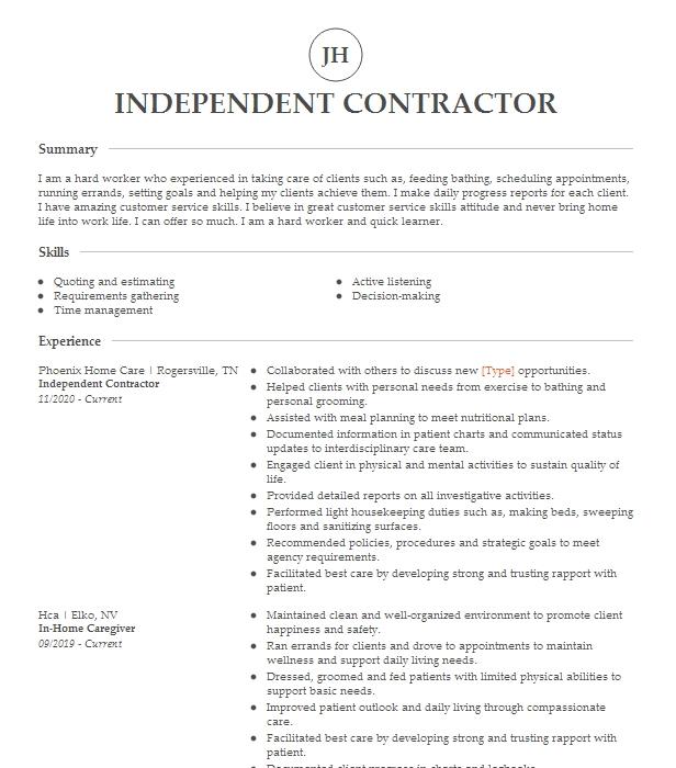 Independent Contractor Resume Example