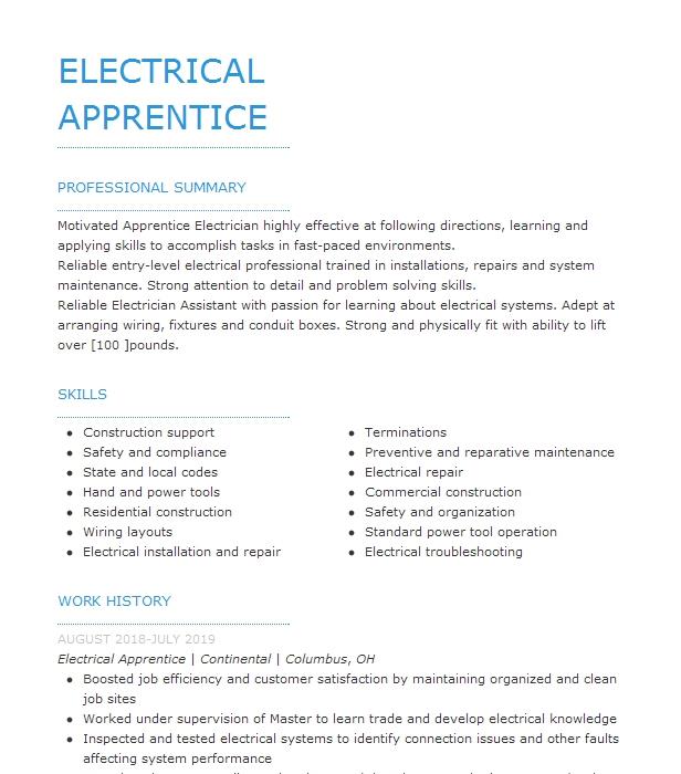 Electrical Apprentice Resume Example