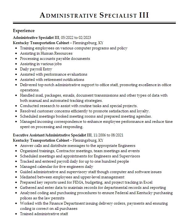 Administrative Specialist Iii Resume Example