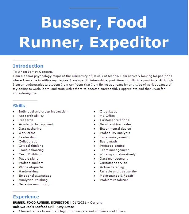 Busser Assistant Food Runner Resume Example