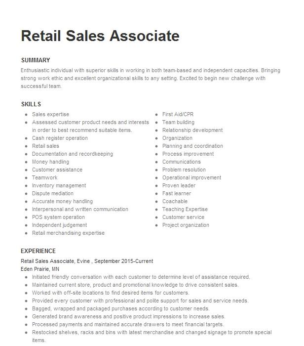 Retail Sales Associate Resume Example