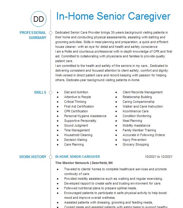 In Home Senior Caregiver Floater Resume Example