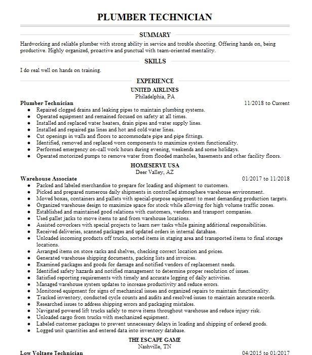 Plumber Technician Resume Example