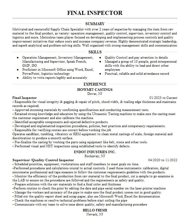 Final Inspector Resume Example