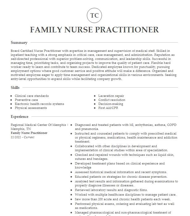 Family Nurse Practitioner Resume Example