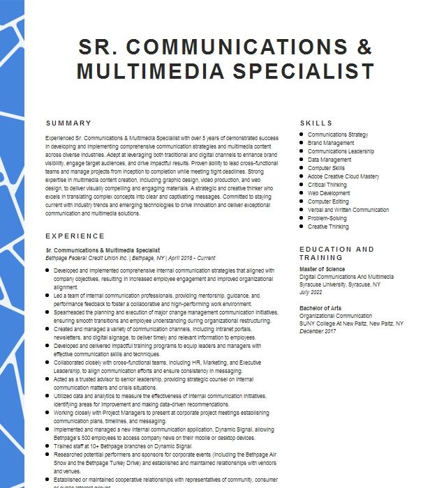 Sr. Communications & Multimedia Specialist Resume Example