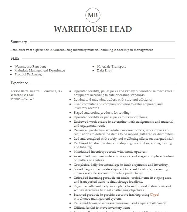 Warehouse Lead Resume Example