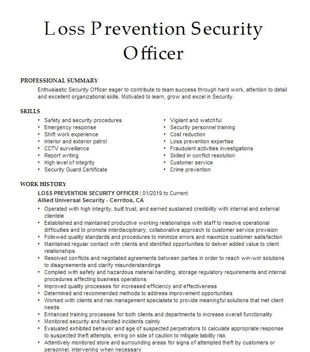 Loss Prevention Security Officer Resume Example