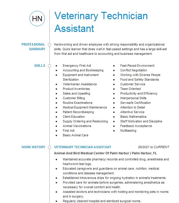 Veterinary Technician Assistant Resume Example