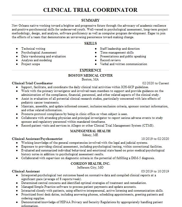 Clinical Psychometrist Resume Example