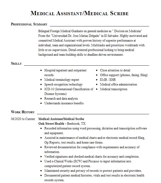 Medical Assistant Medical Scribe Resume Example