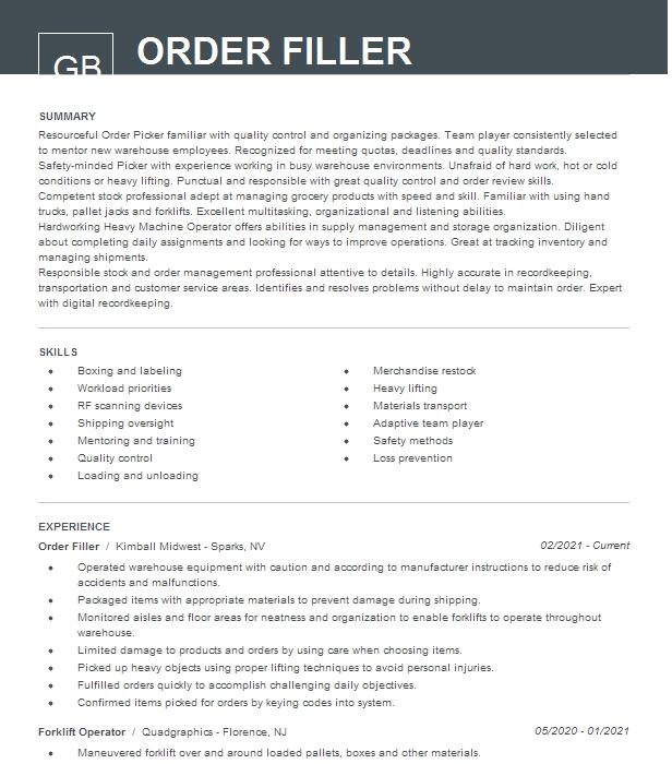 Order Filler Resume Example