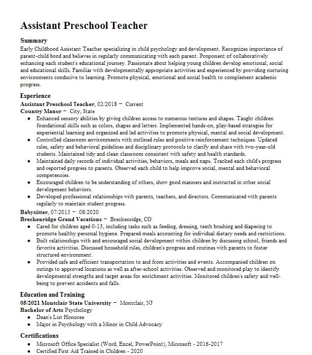 Assistant Preschool Teacher Resume Example