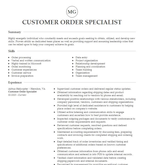 Expeditor Customer Order Specialist Resume Example