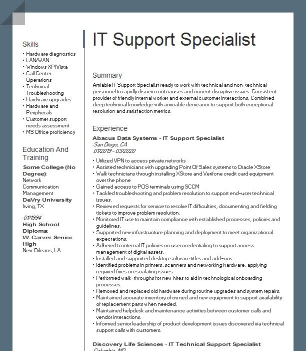 It Support Specialist Iii * It Service Management Resume Example