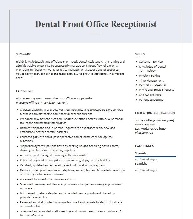 Dental Front Office Receptionist Resume Example