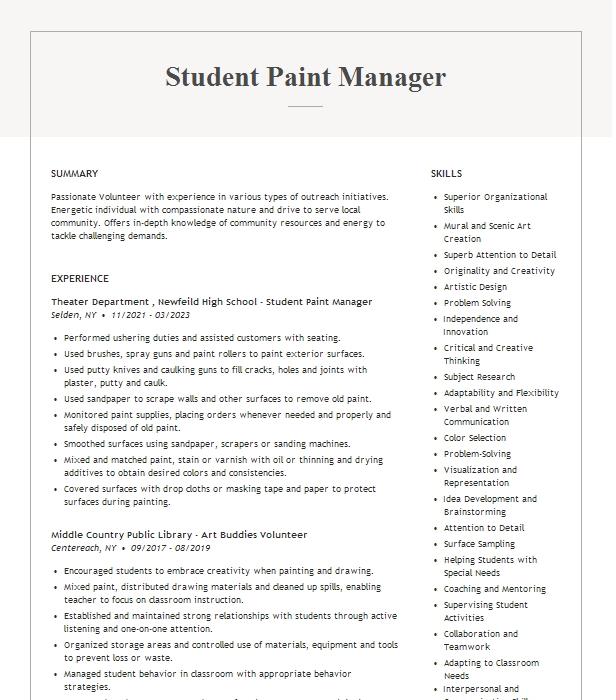 Paint Manager Resume Example