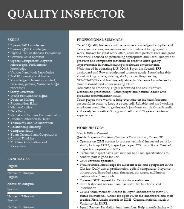 Quality Control Inspector Resume Sample