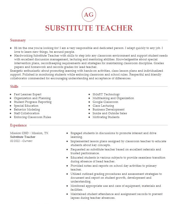 Substitute Teacher Objectives Resume Objective Livecareer