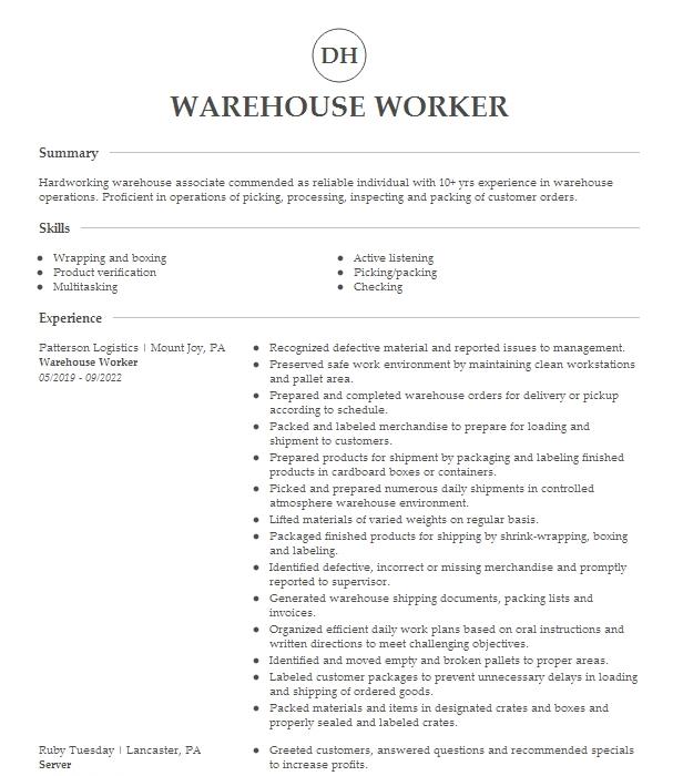 Warehouse Worker Resume Example