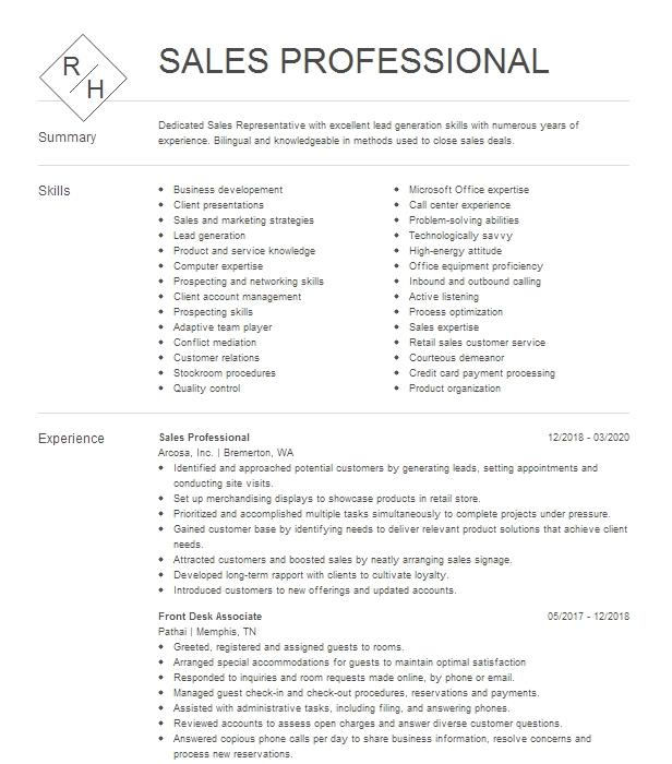 Sales Professional Resume Example