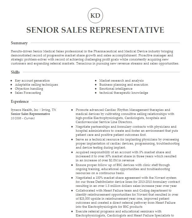 Senior Sales Representative Resume Example