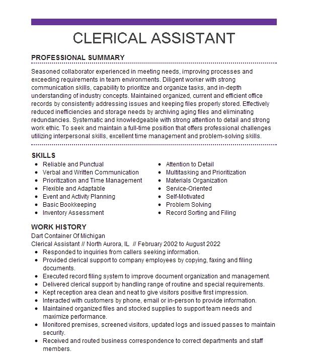 Clerical Assistant Resume Example