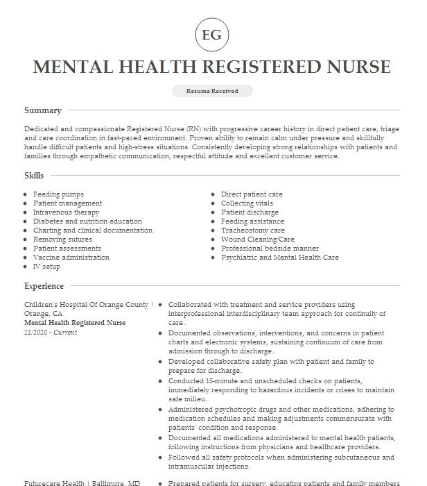 Mental Health Registered Nurse Resume Example