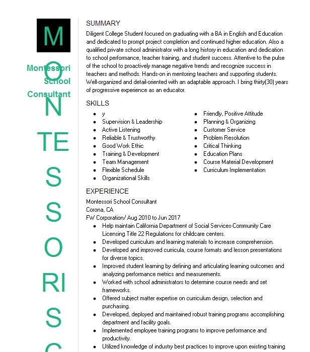 Montessori School Consultant Resume Example