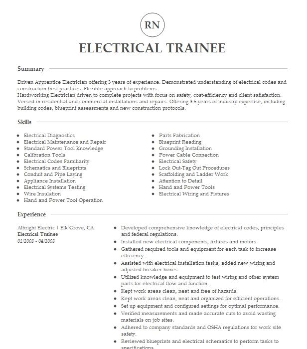 Electrical Trainee Resume Example