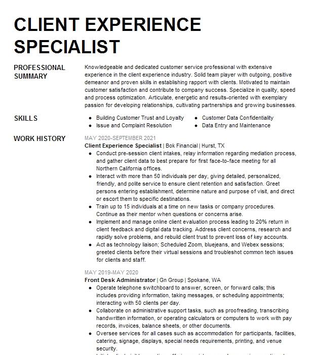 Client Experience Specialist Resume Example