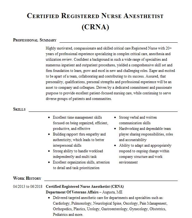 Certified Registered Nurse Anesthetist (crna) Resume Example