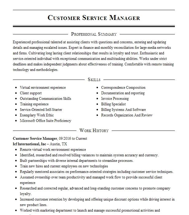 Customer Service Manager Resume Example