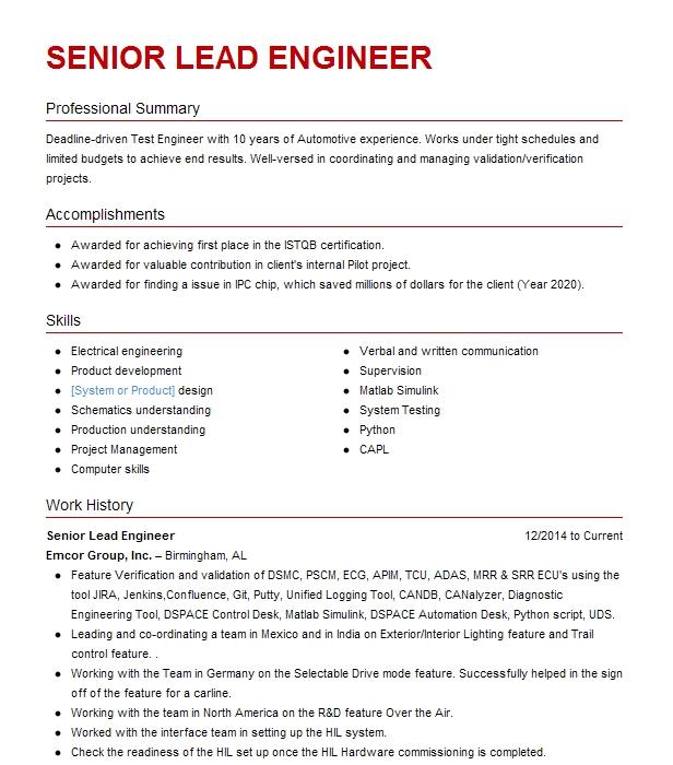 Senior Lead Engineer Resume Example