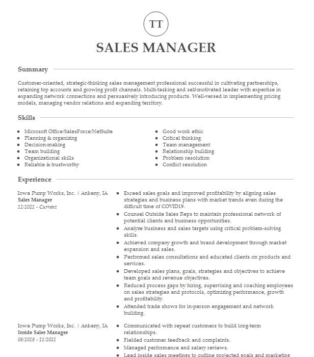 Sales Manager Resume Example