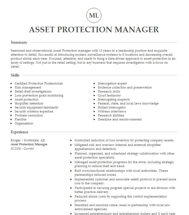 Asset Protection Manager Resume Example