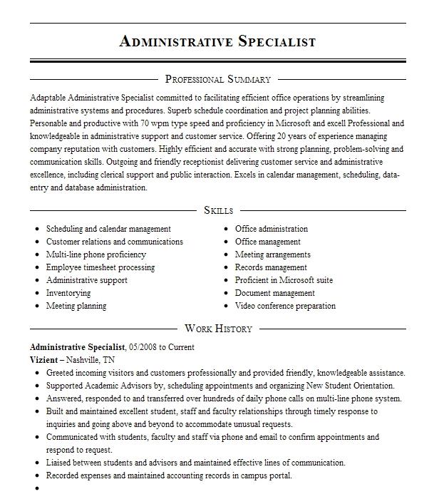 Administrative Specialist Resume Example