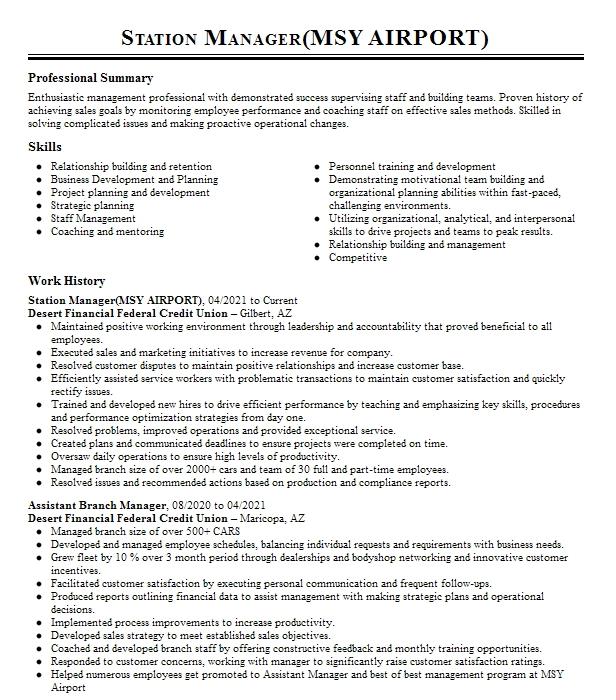 Station Manager(msy Airport) Resume Example