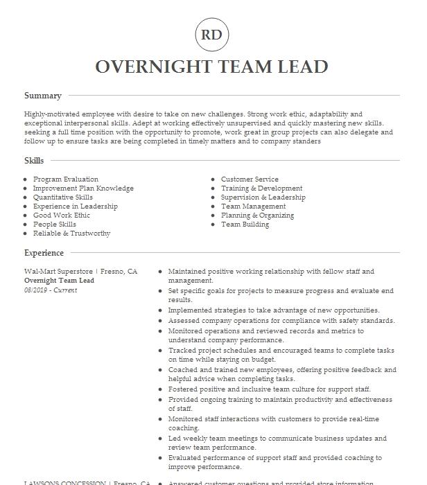 Overnight Team Lead Resume Example