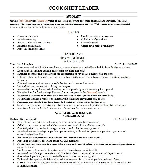 Cook Shift Leader Resume Example