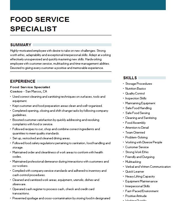 Food Service Specialist Resume Objective Example