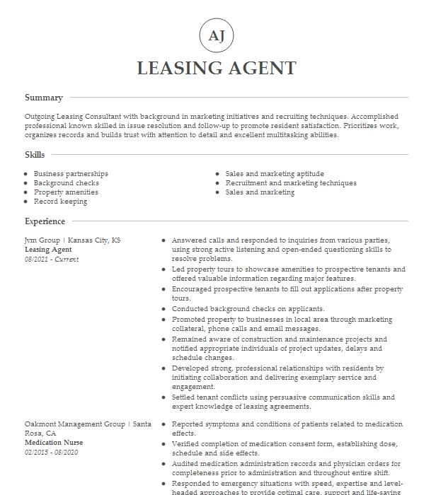 Leasing Agent Resume Example