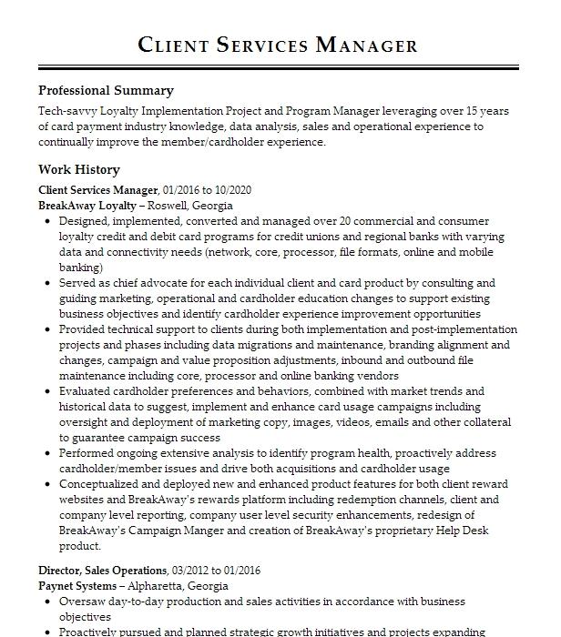 Client Services Manager Resume Example